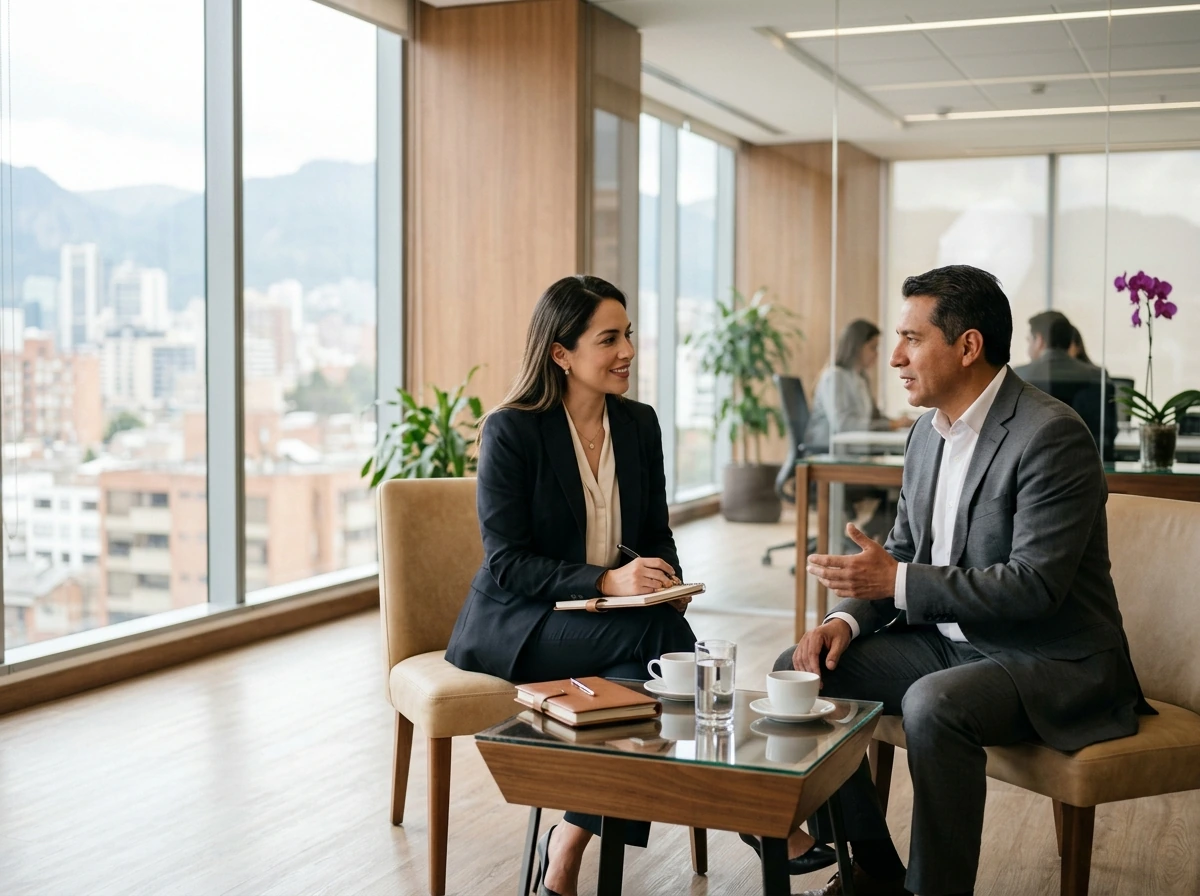 Dos profesionales conversando en una reunión de trabajo