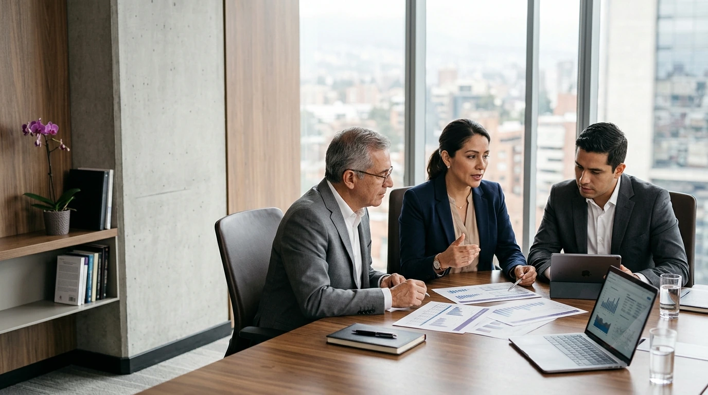 Equipo de trabajo analizando datos y gráficos financieros en una sesión de consultoría